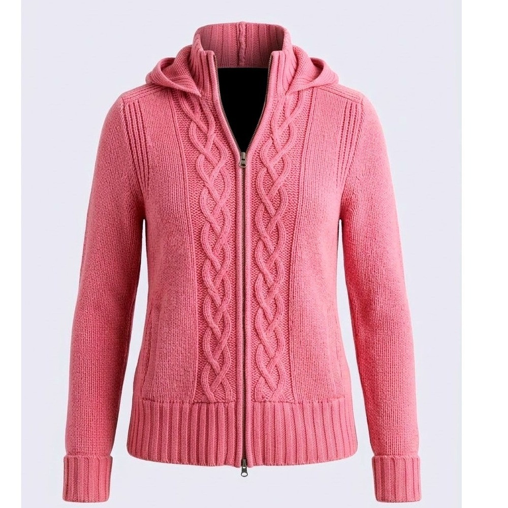J.Crew Pink 100% Lambswool Cable Knit Full Zip Hoodie Y2K Vintage Prep Sweater M